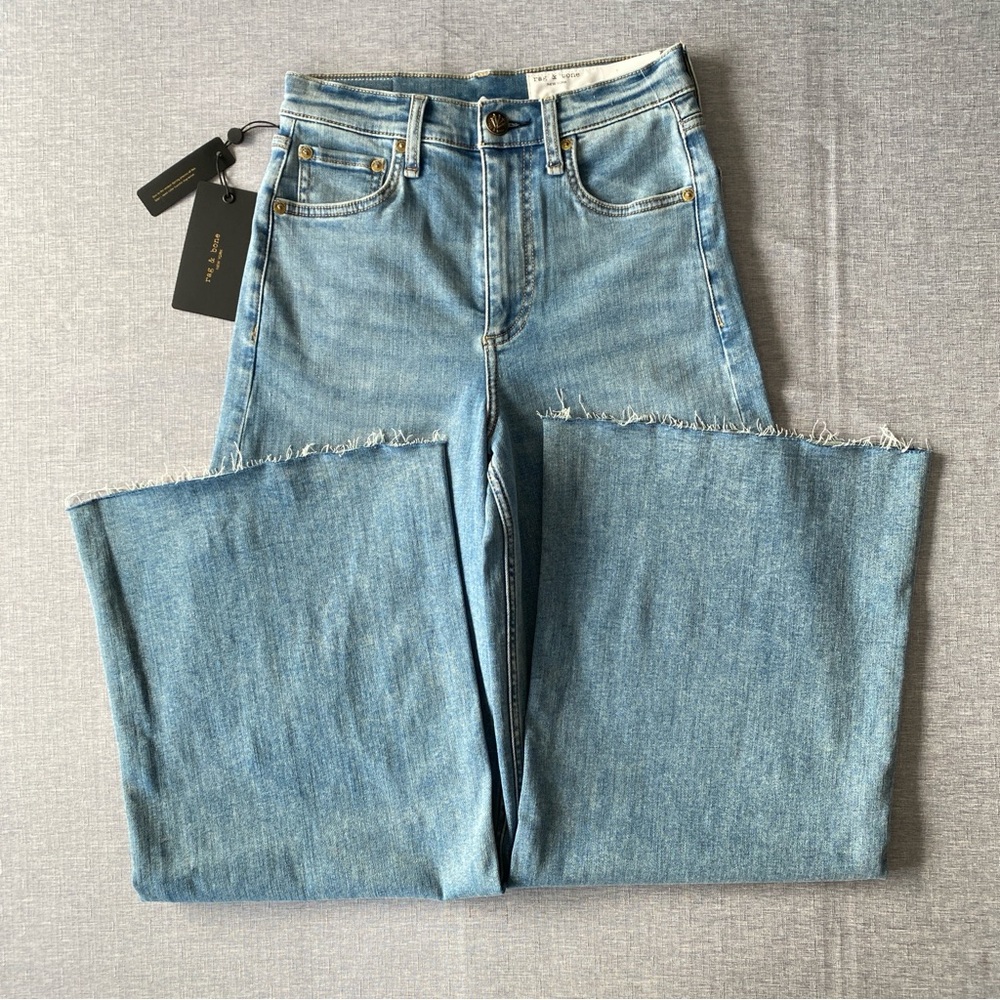 Rag & Bone | Sofie Raw Cut Hem High Waist Wide Leg Ankle Stretch Denim Jeans - Picture 7 of 14